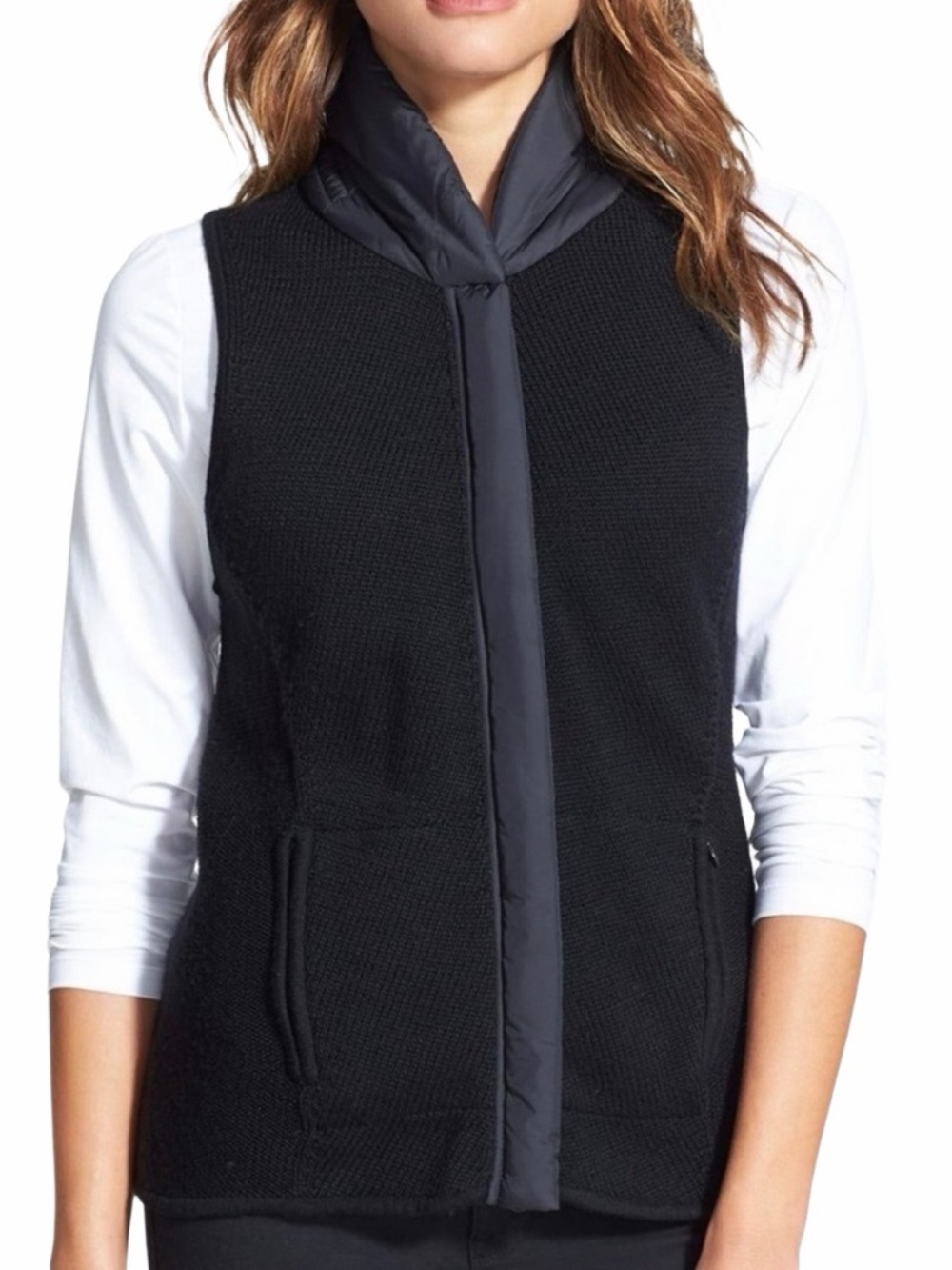 EILEEN FISHER Women’s Wool Knit Sweater Vest Size M Black Pockets Timeless Quiet